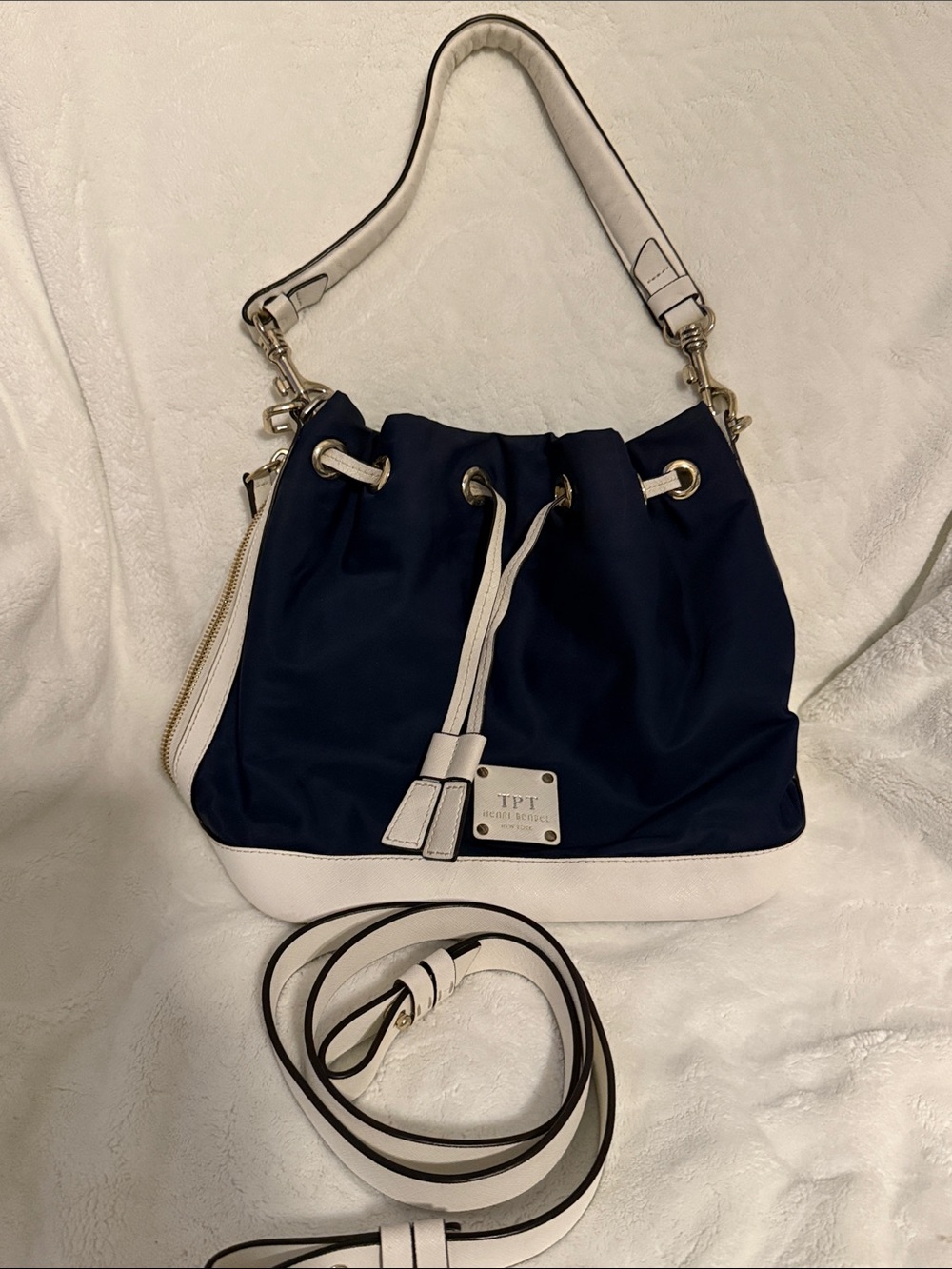 henri bendel navy and white drawstring bucket shoulder bag with gold hardware